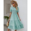 Coolmee Women's Summer Dress Casual Puff Short Sleeve Crew Neck Smocked Elastic Waist Tiered Midi Dress with Belt - 3 of 4