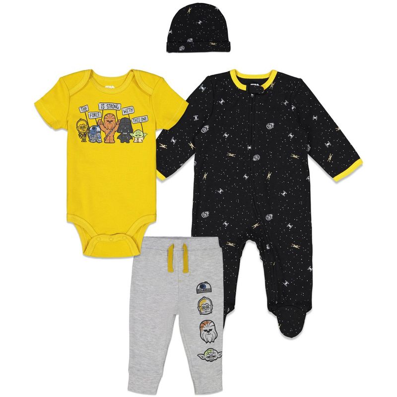 Star Wars C-3PO Chewbacca R2-D2 Baby Mix N' Match Zip Up Sleep Play Coverall Bodysuit Jogger Pants and Hat 4 Piece Outfit Set Newborn , 1 of 10