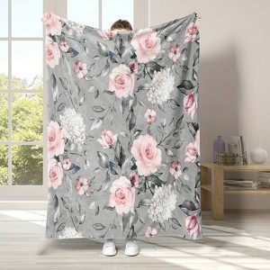 Lomsoe Vintage Pink Rose Print Flannel Blanket - All Seasons Soft and Warm Throw Blanket for Napping, Camping, Travel, Office - 1 of 4