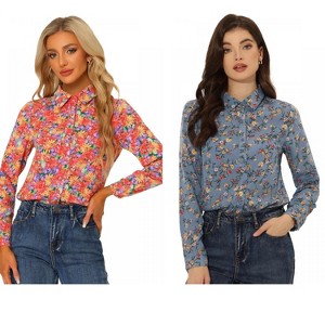 INSPIRE CHIC Women's Point Collar Long Button Sleeve Button Down Floral Shirt 2 Packs - 1 of 4