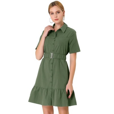 Allegra K Women's Belted Ruffled Hem Button-Down Cotton Safari Shirt Dress