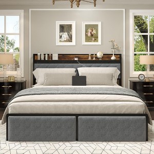 King Size Bed Frame with Storage Headboard and 2 Drawers, Platform Metal King Bed Frame with LED Lights and Charging Station - 1 of 4