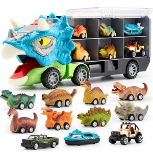 Joyfy 13-in-1 Dinosaur Toy Set, Dinosaur Transport Carrier Truck with 12 Pull-Back Cars, Dinosaur Car Playset, Birthday Gift for Kids Boys Ages 3 4 5 - 1 of 4