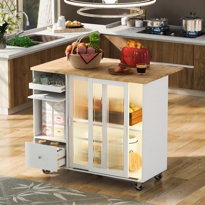 Kitchen Island Cart with Drop Leaf, Kitchen Cart On Wheels with LED Light, 2 Fluted Glass Doors, 1 Flip Cabinet Door, Adjustable Shelf, 2 Drawers
