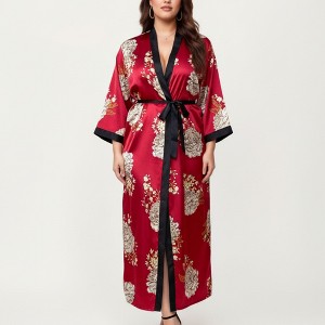 Anna-Kaci Lounge Women's PLus Size Floral Satin Long Robe with Contrast Trim, Wrap Front Silhouette and Waist Tie Belt - 1 of 4