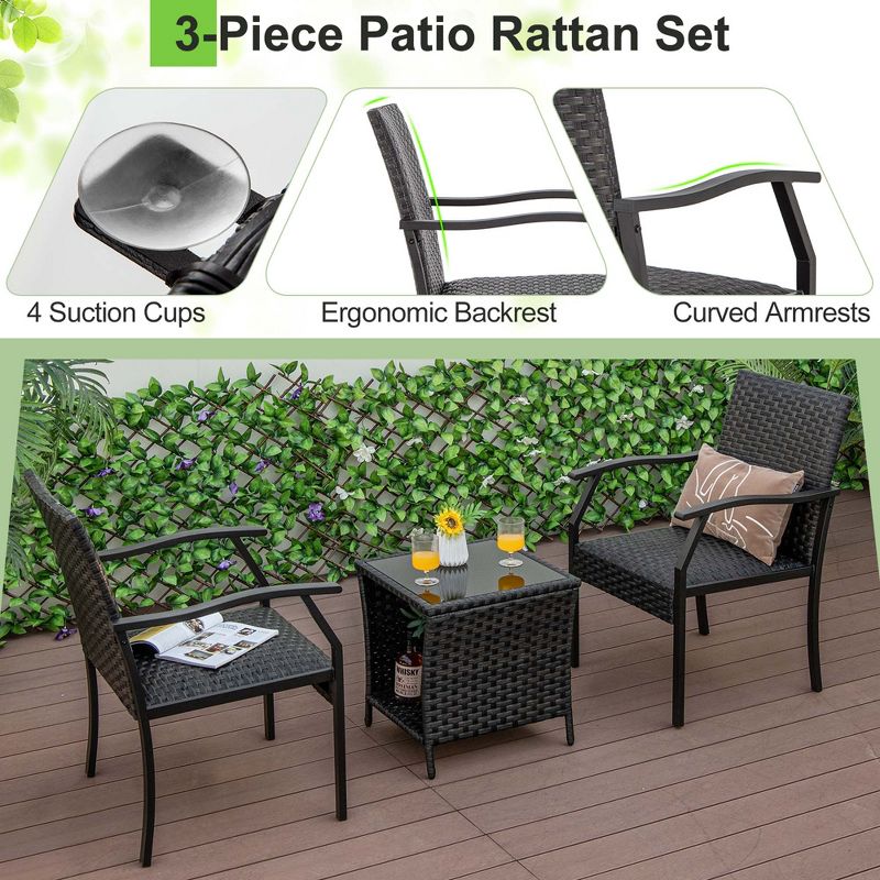 Costway 3 PCS Patio Conversation Set Wicker Chair Tempered Glass Table Cushioned Seat Quick Dry Foam All Weather, 5 of 11