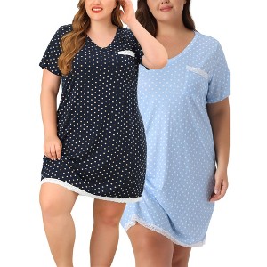 Agnes Orinda Women's Plus Size V Neck Short Sleeve Polka Dots Nightgowns - 1 of 4