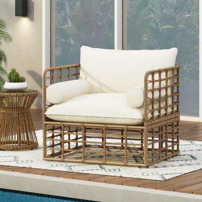 Rattan Garden Boho Accent Arm Chair with Beige Cushion,Open Weave Design Patio Backyard Club Chair with Iron Frame for Living Room-Coolbibila
