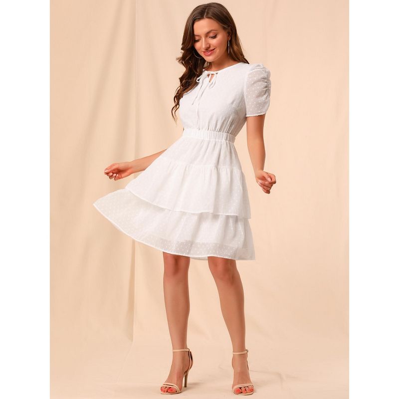 Allegra K Women's Swiss Dots Ruched Short Sleeve Elastic Waist Layer Ruffle Hem Dress, 3 of 6