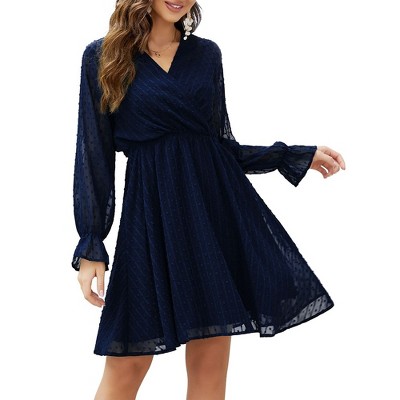 Women V Neck Long Sleeve Dress Lace Flowy Polka Dot Chiffon Wrap Midi  Dresses : Target