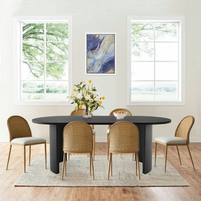Modern Oval Dining Set for 6 - Upholstered Rattan Back Dining Chairs with 79" Table for Dining Room Kitchen-Tanpinhause