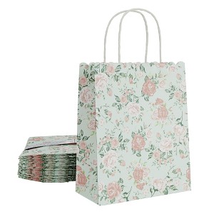 Sparkle and Bash 24 Pack Floral Gift Bags with Handles, Medium Size, All Occasion Pink Rose Flowers, Green, 10 x 8 x 4 In - 1 of 4