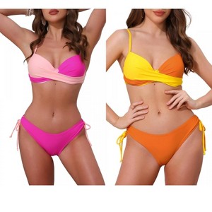 INSPIRE CHIC Women's Front Cross Contrast Color Top Triangle Bottoms Swimwear Bathing Bikini Suits 2 Sets - 1 of 4