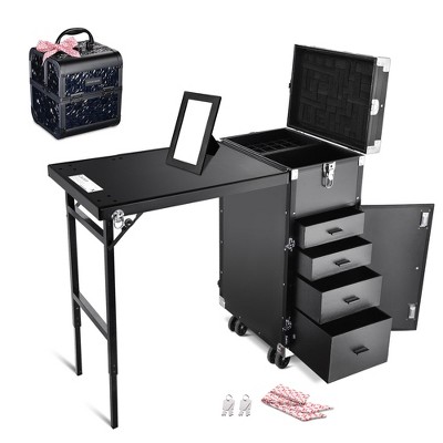 Byootique Aluminum Rolling Nail Table with Train Case Cosmetic Organizer Black