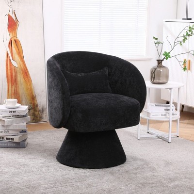 CAVINAS Linen Upholstered Swivel Accent Chair with Wooden Base,Modern Round Barrel Chair,Armchair for Bedroom,Reading Room,Black