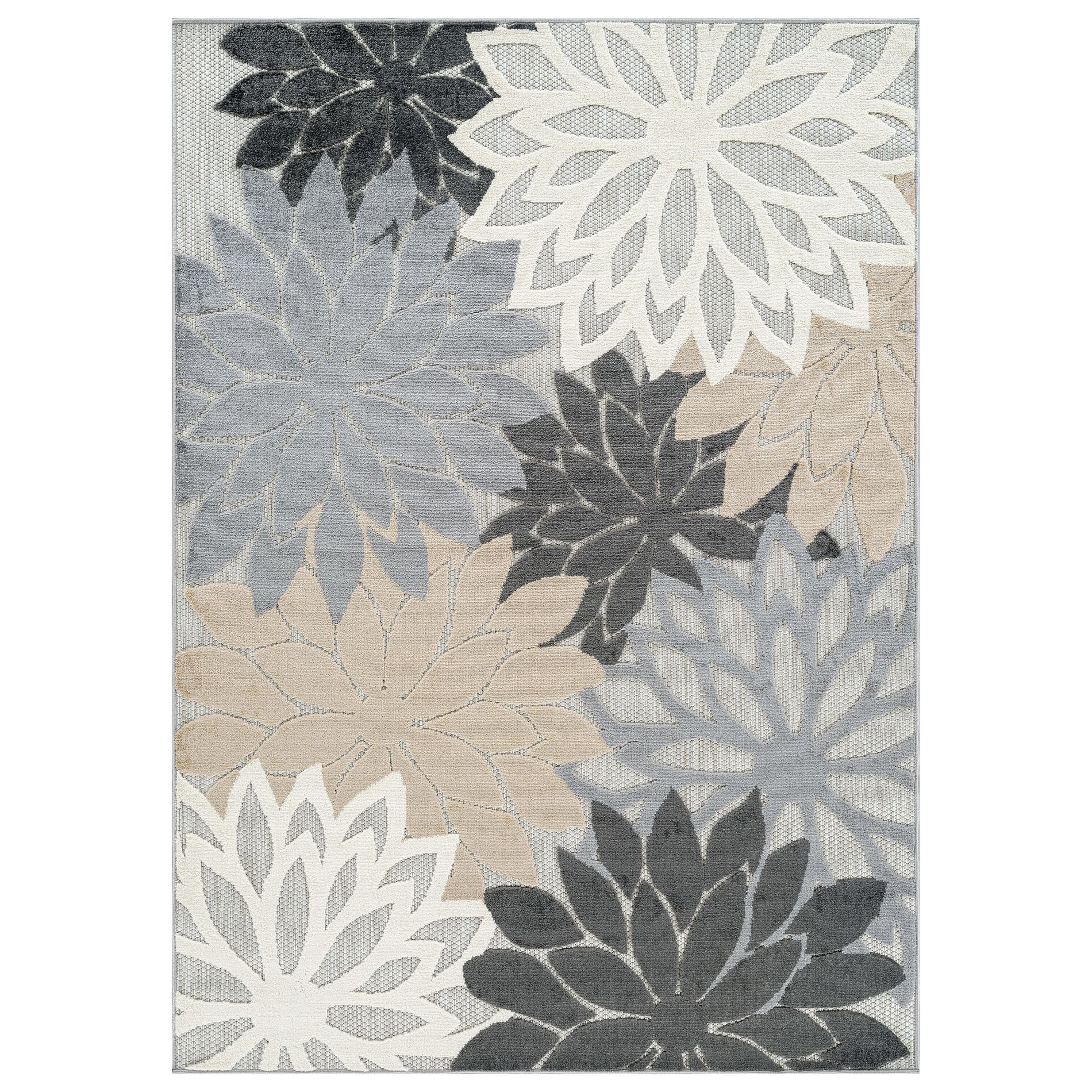 World Rug Gallery Indoor/Outdoor High-Low Textured Area Rug, Floral Gray/Ivory, Easy-Clean Patio Rug