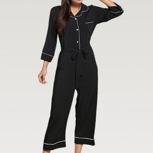 Anna-Kaci Lounge Women's Button Front Pajama Jumpsuit with Contrast Trim and Waist Tie Detail - 1 of 4