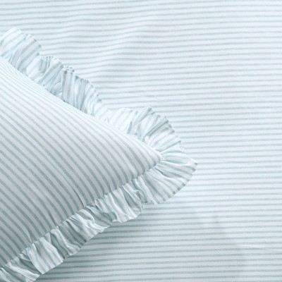 Lake Blue Queen Ticking Stripe Ruffle-Edged Bedspread Set
