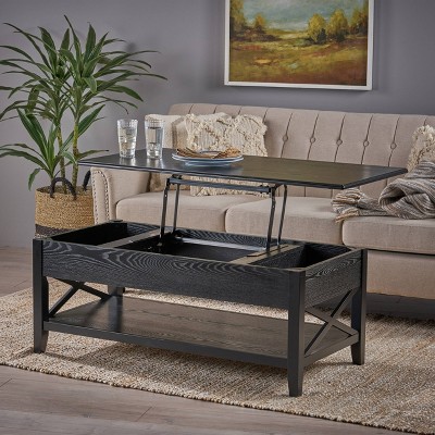 Black Farmhouse Faux Wood Lift-Top Coffee Table with Storage