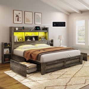 AMERLIFE Bed Frame with Drawers, LED, Bookcase Headboard, Charging, Shelves - 1 of 4