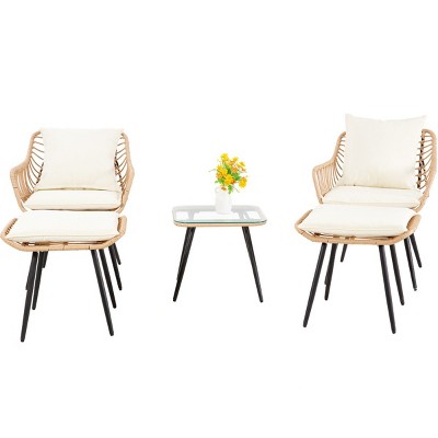 5-Piece Rattan Patio Seating Set,Outdoor Patio Accent Chair Set Of 2,Coffee Table,2 Ottoman,Patio Chair And Ottoman Set -Maison Boucle