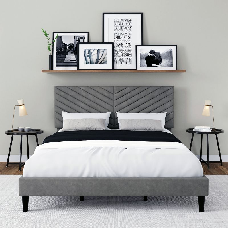 Queen Crestwood Upholstered Chevron Pleated Platform Bed with 2 Dual USB Ports Gray - Hillsdale Furniture, 3 of 19
