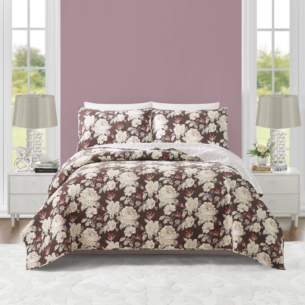 Photos - Bed Linen 3pc Twin Rambling Rose Quilt Set Brown - Modern Heirloom