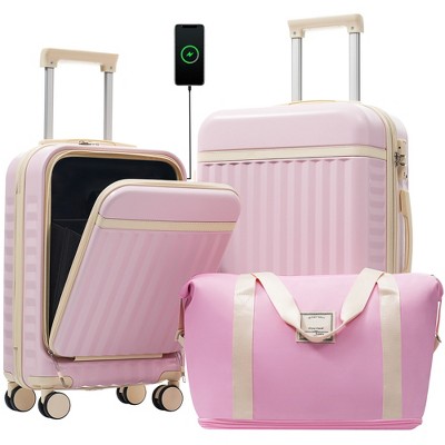 YONWAY Front Opening Luggage Set 3 Piece, Hardshell Expandable Carry On Suitcase With Spinner Wheels, Duffel Bags, TSA Lock And USB Port