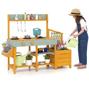 Costway Play Kitchen for Kids Wooden Toy Kitchen Playset with Removable Faucet & Sink Brown/Yellow - 1 of 4