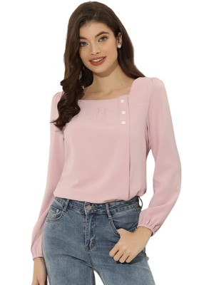 Allegra K Women's Casual Button Decor Long Sleeve Solid Square Neck Blouse