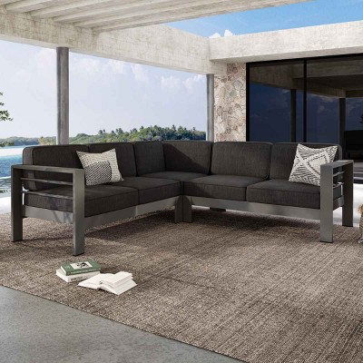 Outdoor L-Shaped Sectional Sofa, Modern Slatted Design 4-Seater Sofa, Sectional Sofa with Aluminum Frame and Polyester Cushion-Coolbibila