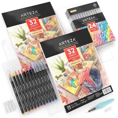 Real Brush Pen Beginner Bundle - 24 Brush Pens, 2 Watercolor Pads (9"x12")