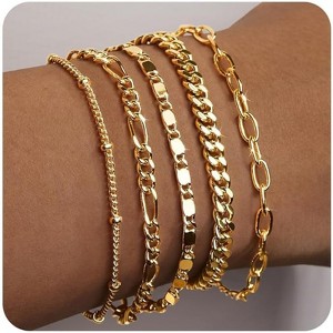 BRINJOY 14K Gold Plated Stackable Bracelet Set - 5 Piece Adjustable Paperclip Cuban Cuff Chain for Women (7+2 inch) - 1 of 4