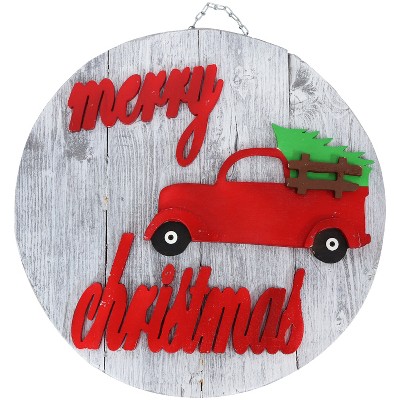 Sunnydaze Weathered Wooden Merry Christmas Red Truck Sign - 22"