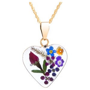 Women's Gold over Sterling Silver Pressed Flowers Heart Pendant Chain Necklace (18") - 1 of 1