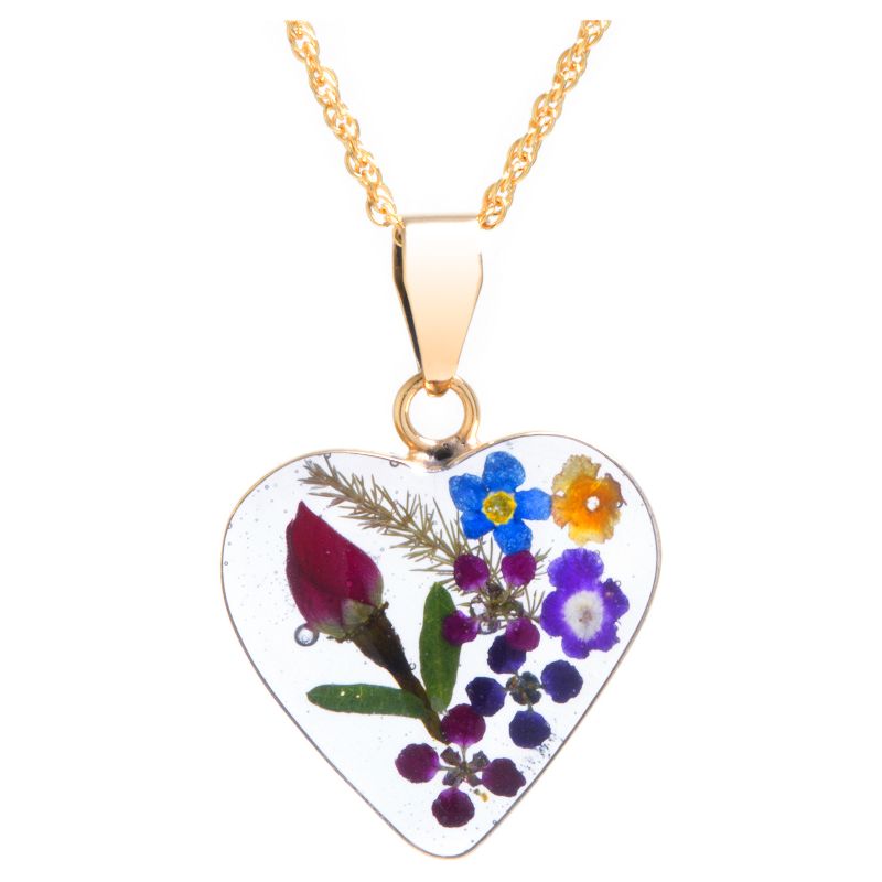 Women&#39;s Gold over Sterling Silver Pressed Flowers Heart Pendant Chain Necklace (18&#34;), 1 of 4