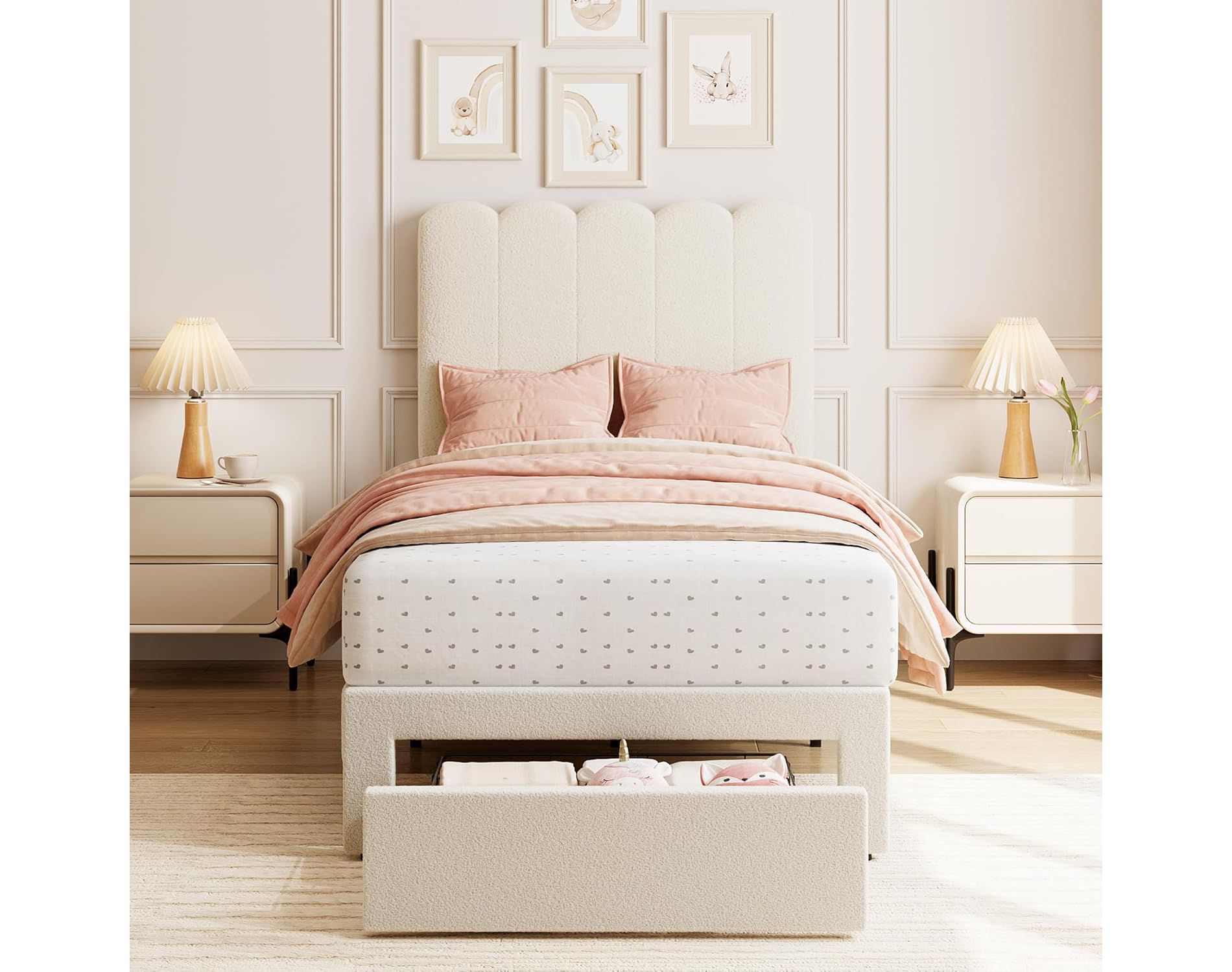 Twin Bed Frame with Under-Bed Drawer Storage – Velvet/Boucle Upholstered Wave Headboard for Girls, Wood Slat Support (No Box Spring), White/Pink