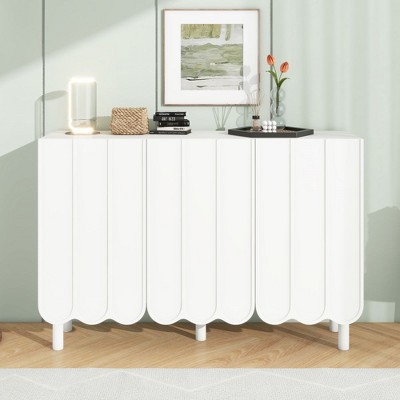 Modern Cream Style Shoe Cabinet With 3 Wave Doors, Sideboard With Adjustable Shelves, 5 Solid Wood Legs, Storage Cabinet For Living Room Hallway