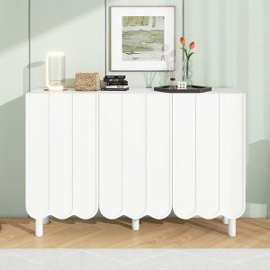 Modern Cream Style Shoe Cabinet With 3 Wave Doors, Sideboard With Adjustable Shelves, 5 Solid Wood Legs, Storage Cabinet For Living Room Hallway - 1 of 4