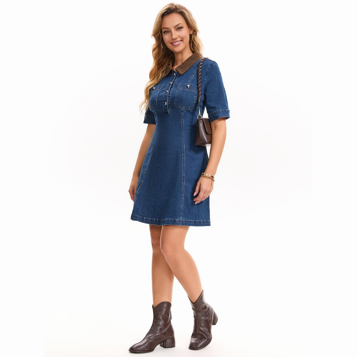 Женские платья INSPIRE CHIC Women's Jean Vintage Collared Button Short Sleeve Fit Flare Denim Dress X Large Blue — фото 3