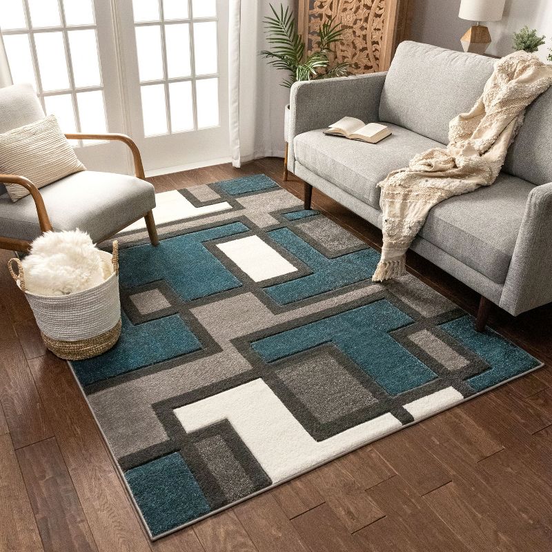 Uptown Squares Modern Geometric Comfy Casual Hand Carved Abstract Boxes Contemporary Thick Soft Plush Area Rug, 2 of 7