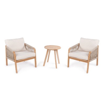 Aveiro 3-Piece Modern Bohemian Roped Acacia Wood Conversation Outdoor Patio Set with Cushions - JONATHAN Y