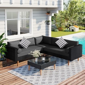 4-pieces Outdoor Wicker Sofa Set, Patio Furniture with Colorful Pillows, L-shape sofa set, Gray cushions and Black Rattan - 1 of 4