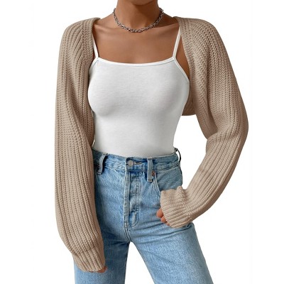 Womens Winter Sweater Shrugs Thick Sweater Knit Bolero Long Sleeve Open Front Cropped Sweater Knit Jackets,Camel - M
