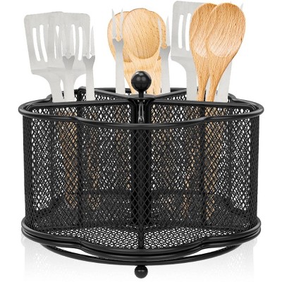 LunaLulinlk 360° Rotating Metal Utensil Caddy - 5 Compartment Silverware Cutlery Holder Rotation Fork Spoon Napkin Organizer Flatware Storage