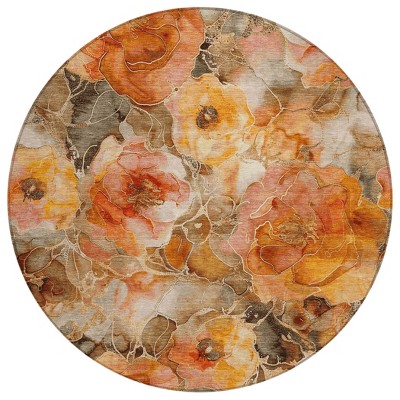 HomeRoots 8' Orange And Gray Round Floral Washable Indoor Outdoor Area Rug
