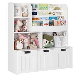 GustoWave Large Toy Storage Organizer with 3 Movable Drawers,Kid's Bookshelf with 4 Storage Cubbies and 4 Layer Sling Bookcase,Toy Chest, White - 1 of 4