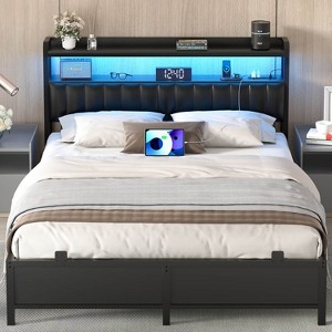 Besiost Bed Frame with Upholstered Storage Headboard, Bedframe with Charging Station and LED Light - 1 of 4