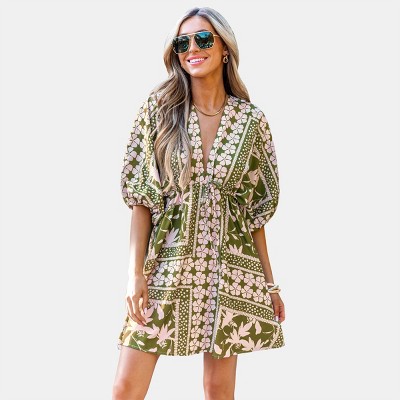 Women's Floral Plunging Blouson Sleeve Mini Dress - Cupshe