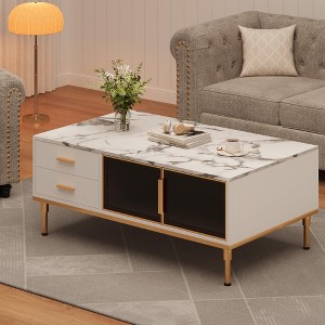 Faux Marble Coffee Table with 4 Drawers, Modern Wooden Center Table with Glass Doors - 1 of 4